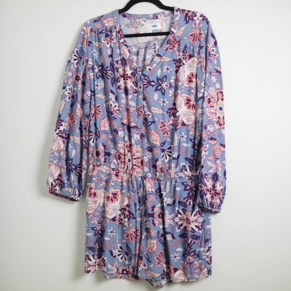 Old Navy Long Sleeve Blue Floral Romper w/ Pockets Women's Medium M Tie Waist - Picture 3 of 13